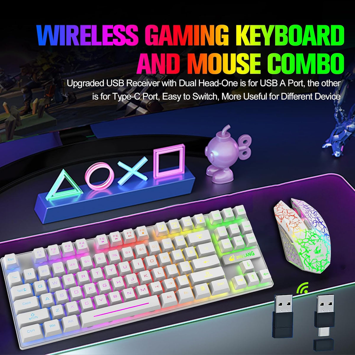 Wireless Membrane Gaming Keyboard and Mouse Set with 87Key Tenkeyless-White