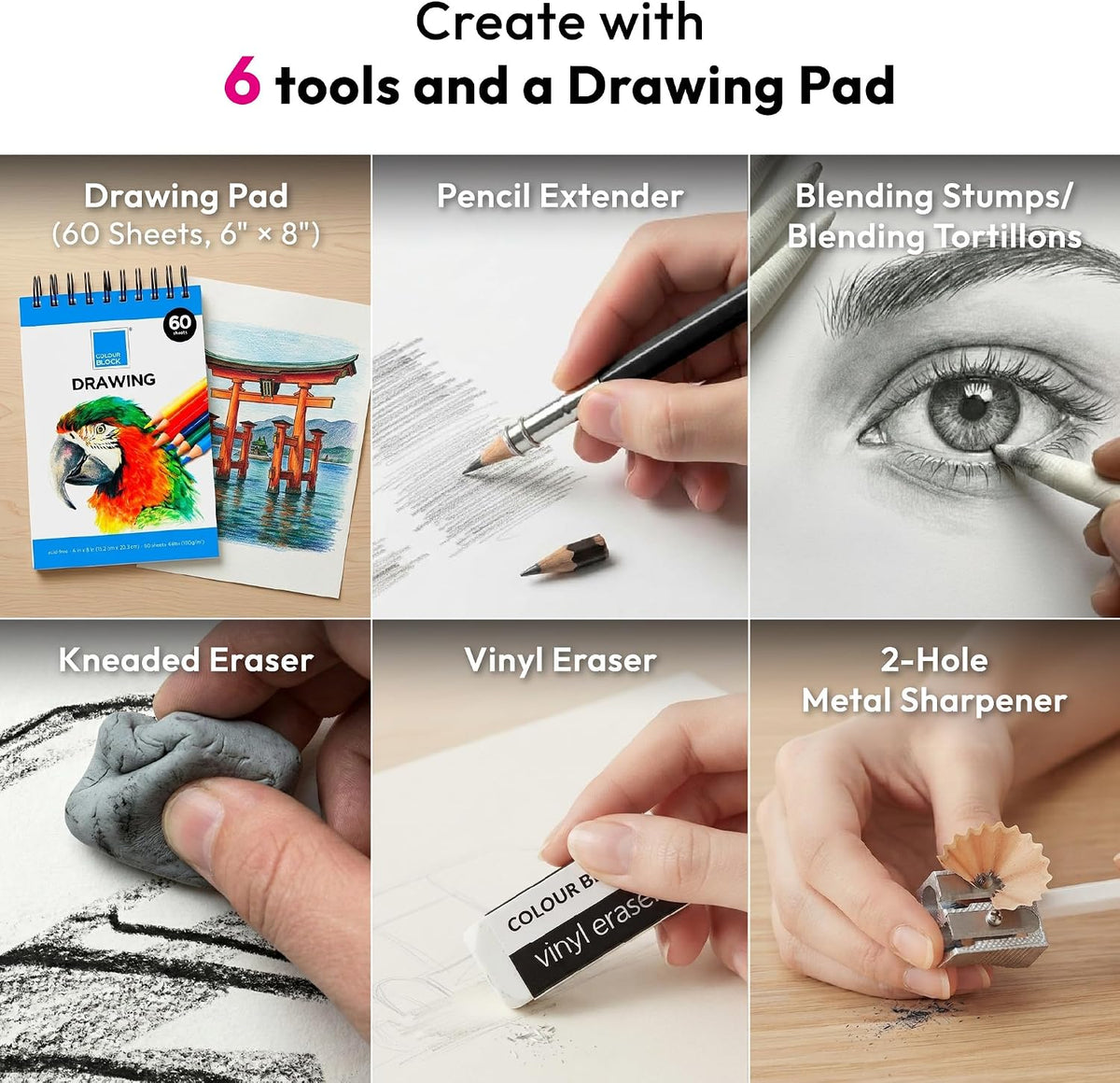 COLOUR BLOCK 40-Piece Drawing Travel Art Set – Portable Sketch and Drawing Art Kit with 16 Colored Pencils, 12 Soft Pastels, 2 Sketching Pencils, 6 Tools, Pad, Zip Case for Beginners, Artists, Adults