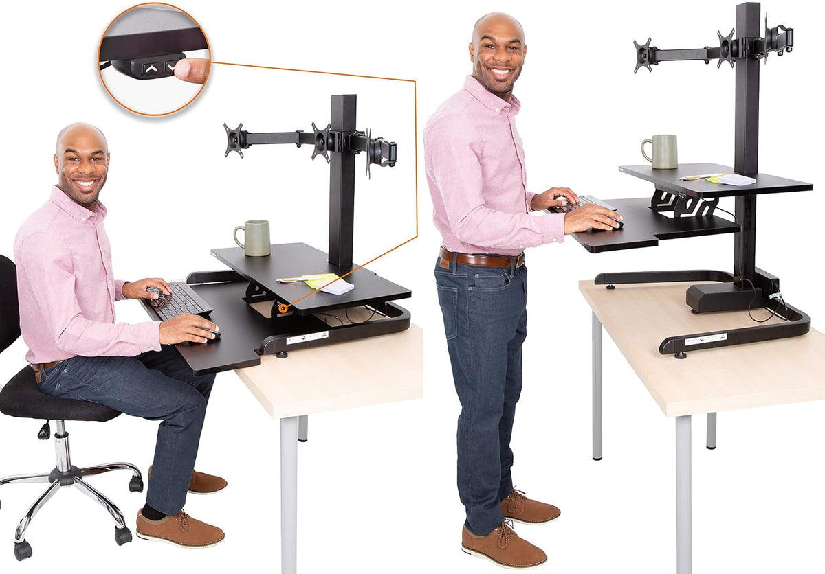 Stand Steady Techtonic Electric Standing Desk Converter wIth Triple Monitor Mount, 3 Screen Support, Quiet Sit-Stand Desk with Button Control, Keyboard Tray, Ideal for Gaming & Computer Work (Black)