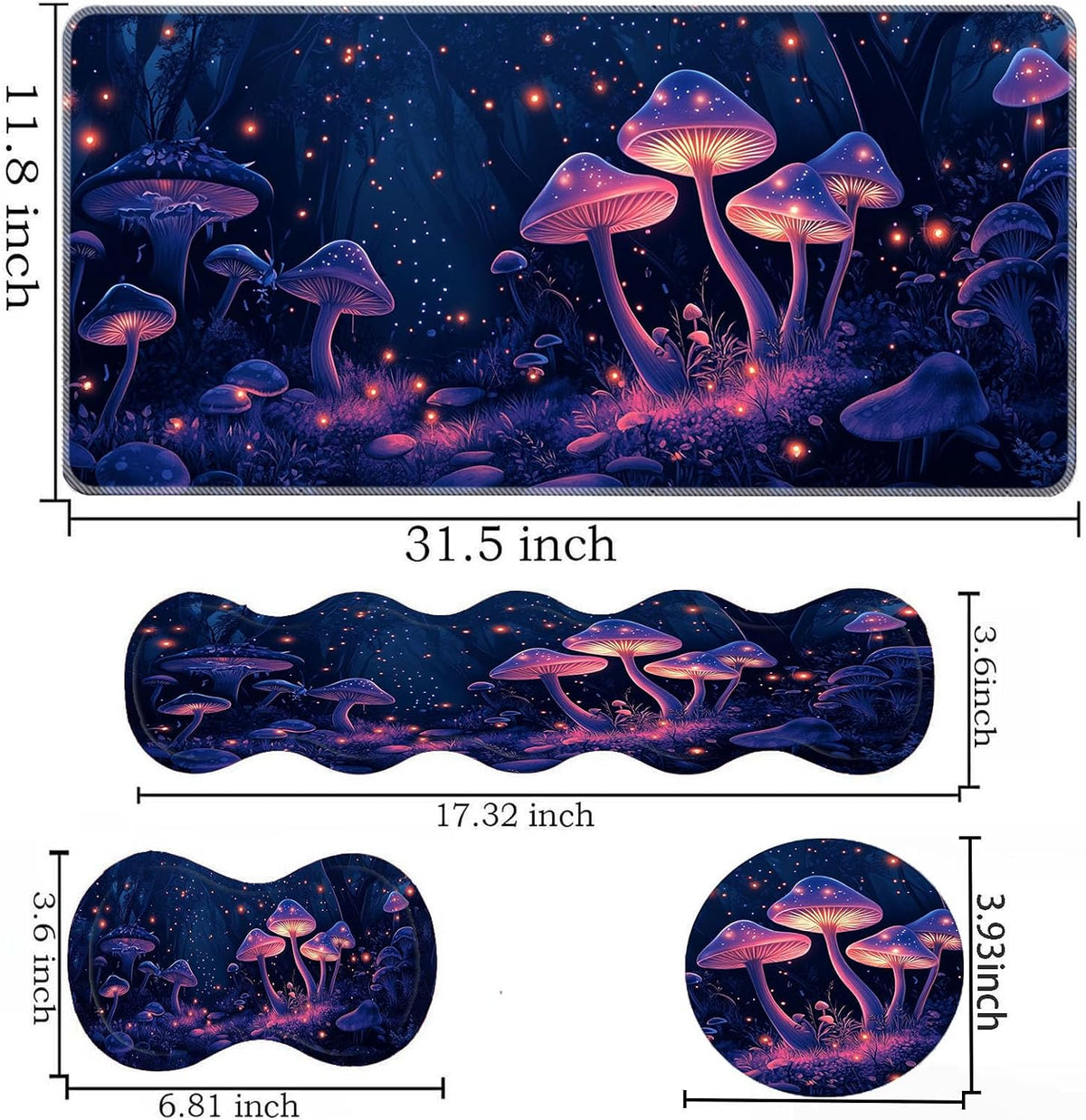 Keyboard Mouse Pad Set,Large Desk Pad+Keyboard Wrist Rest+Mouse Wrist Support+Coaster,Easy Typing Pain Relief Non-Slip Wrist Support Mousepad Set Home Office,Glowing Mushrooms