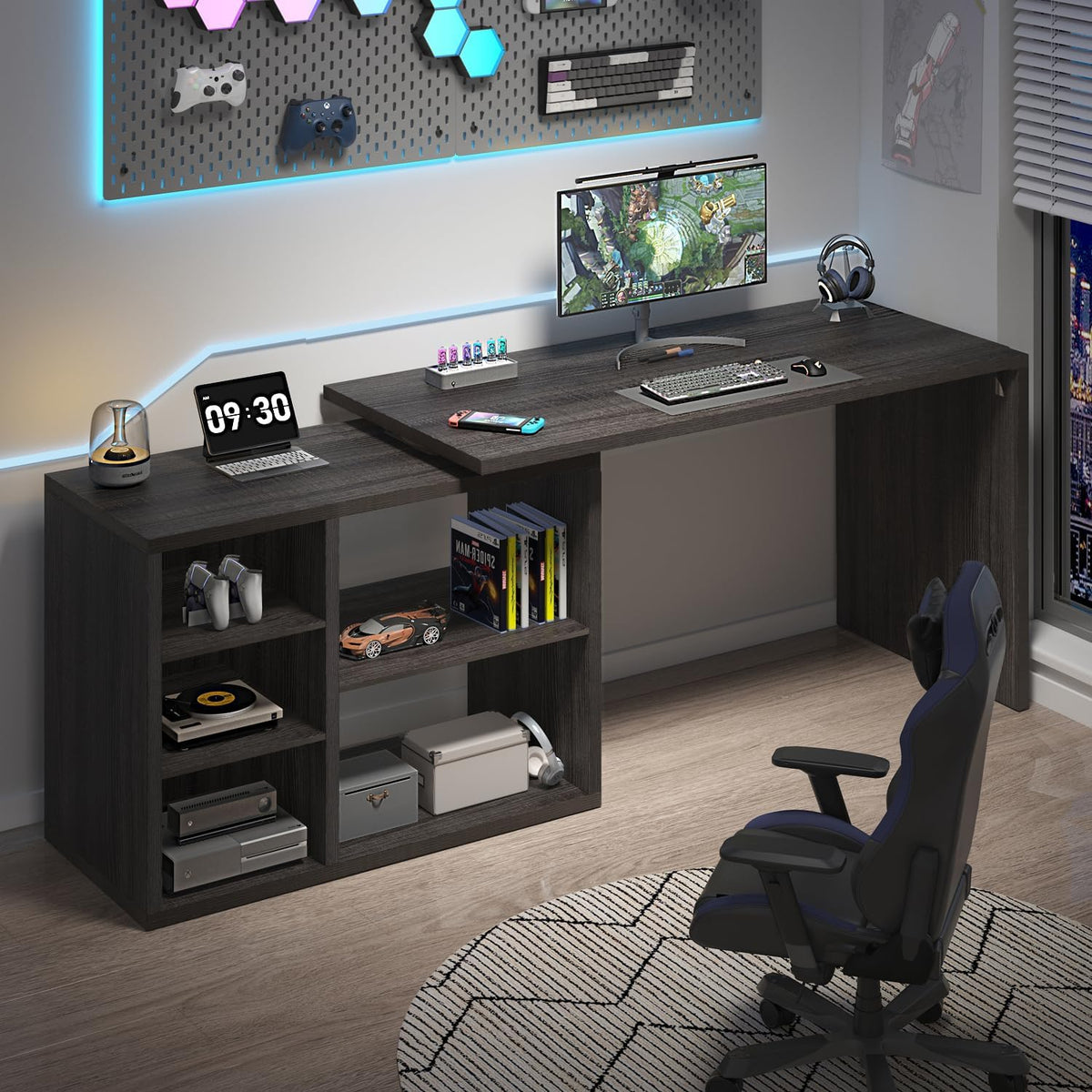 HSH L Shaped Computer Desk, Rustic Wood Corner Desk, Dark Gray Oak, 55 inch