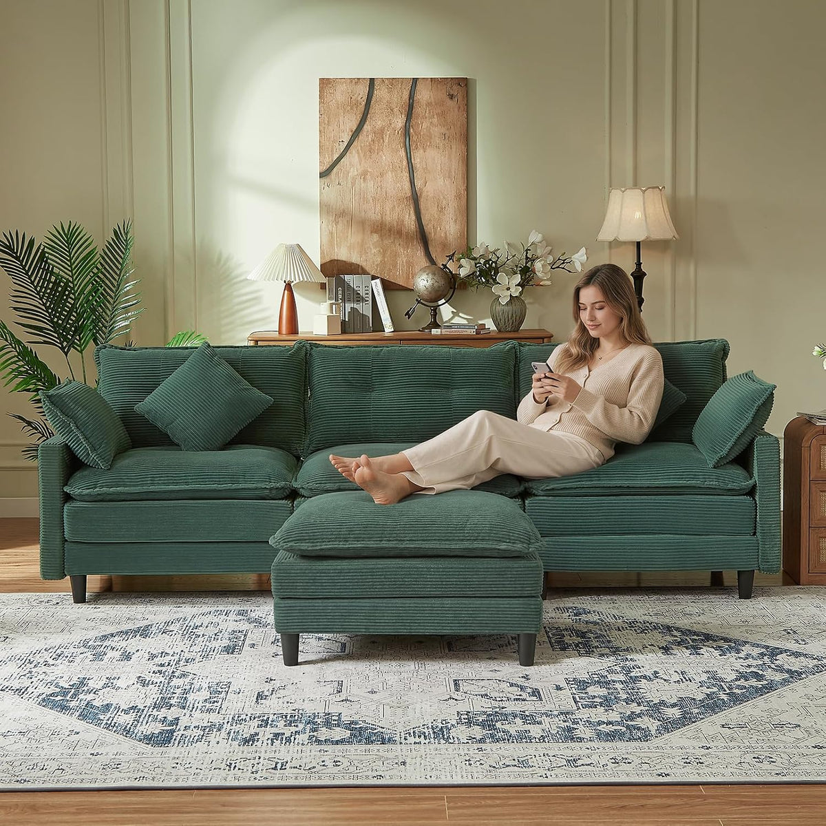 Match Ottoman Only for Cloud Modular Sectional Couch Sectional, Corduroy Footstool Extension for Sectional Sofa, Modern Soft Comfy Ottoman Cushioned Footrest for Living Room, Green