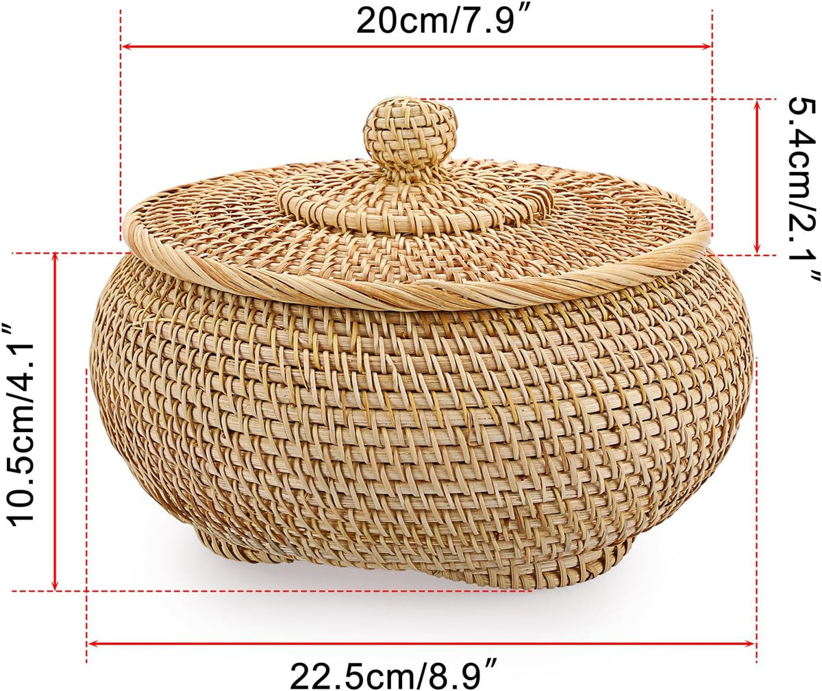 Hipiwe Round Rattan Basket Box with Lid Small Hand-Woven Wicker Basket Bin