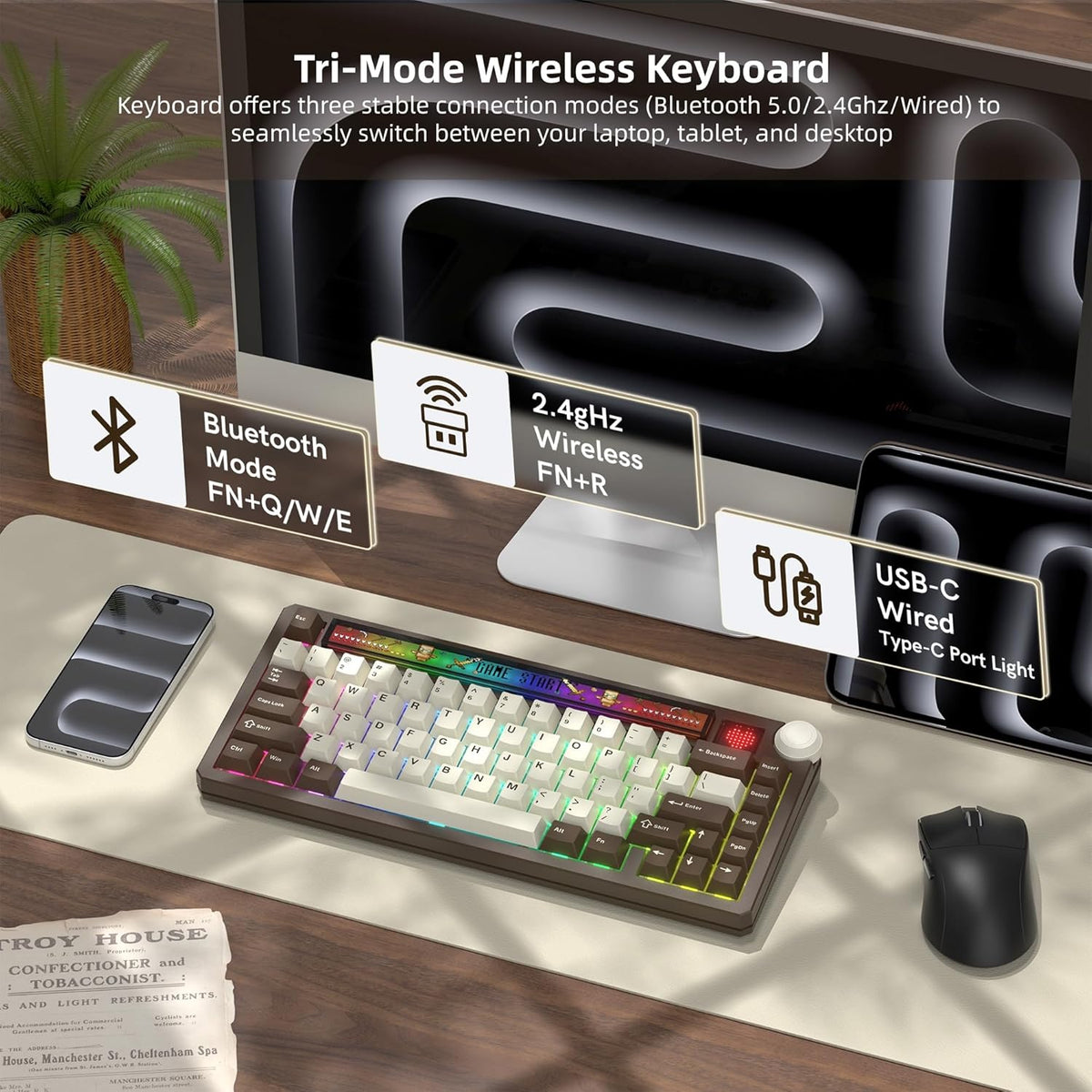 Womier 75% Wireless Mechanical Keyboard with Screen, Brown Keyboard-K80