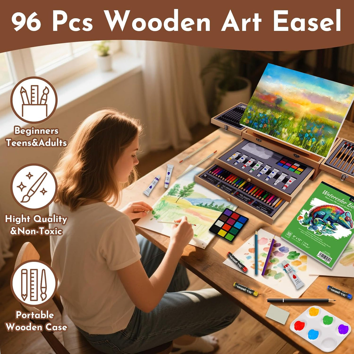 conda 96 Piece Premium Wooden Art Set with 2 Drawing Pads - Painting & Drawing Supplies Kit with Watercolor, Acrylic Paints, Brushes & More Art Supplies for Artists Adults Teens Girls