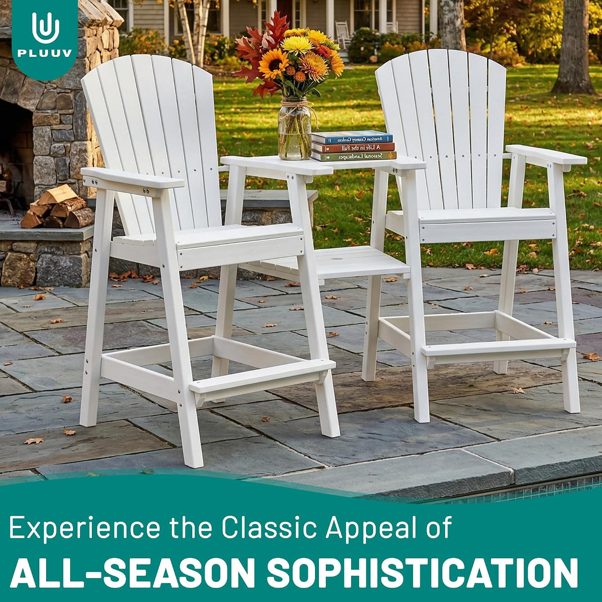 PLUUV Tall Adirondack Chairs Set of 2 with Double Connecting Trays, White