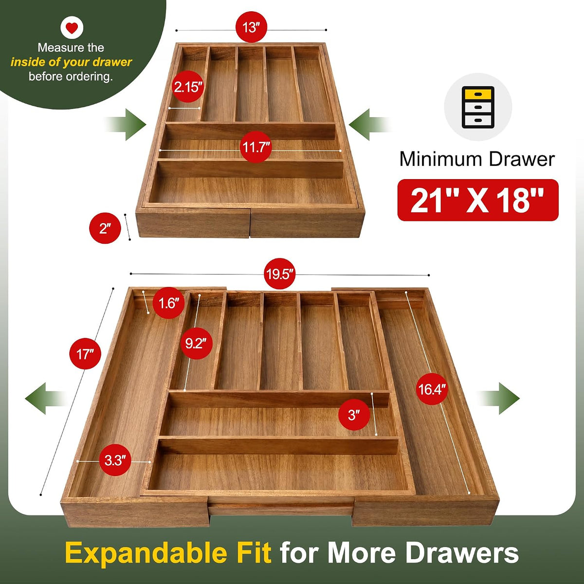 Bellsal Acacia Silverware Organizer Kitchen Drawer Organizer Expandable Bamboo Utensil Holder Cutlery Tray for Kitchen Utensil and Flatware Bedroom Office