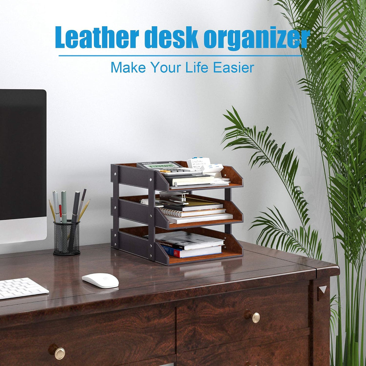 3 Tier Leather Magazine File Holder, Thipoten Paper Tray Organizer Desk Document File Organizer (Brown)