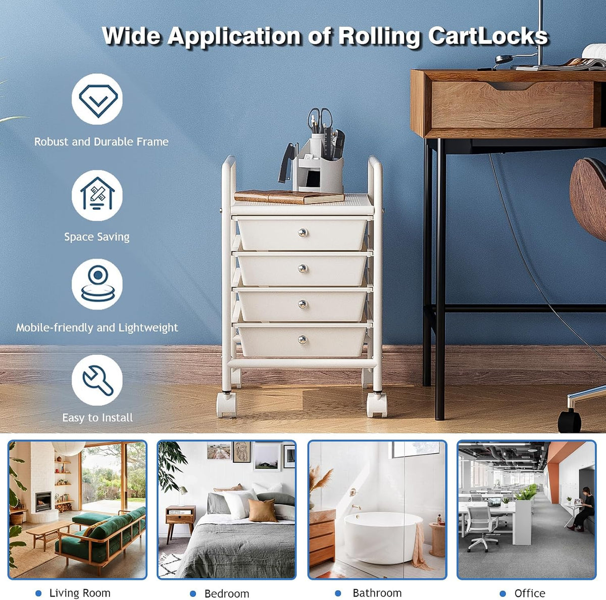 4-Tier Utility Cart with 4 Drawers, Rolling Utility Cart with 2 Lockable Caster Wheels, Multipurpose Mobile Rolling Drawer Cart for Office Bathroom Kitchen, Ivory White