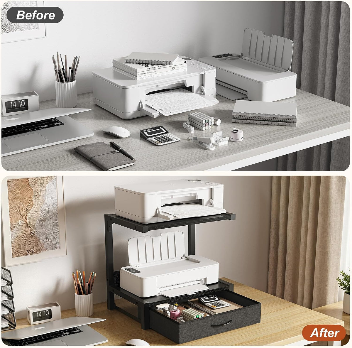 Desktop Printer Stand with Fabric Drawer, Printer Stand for Desk, 2-Tier Desk Shelf Organzier for Home Office, Above and Under Desk, Fax Machine, Scanner, Black