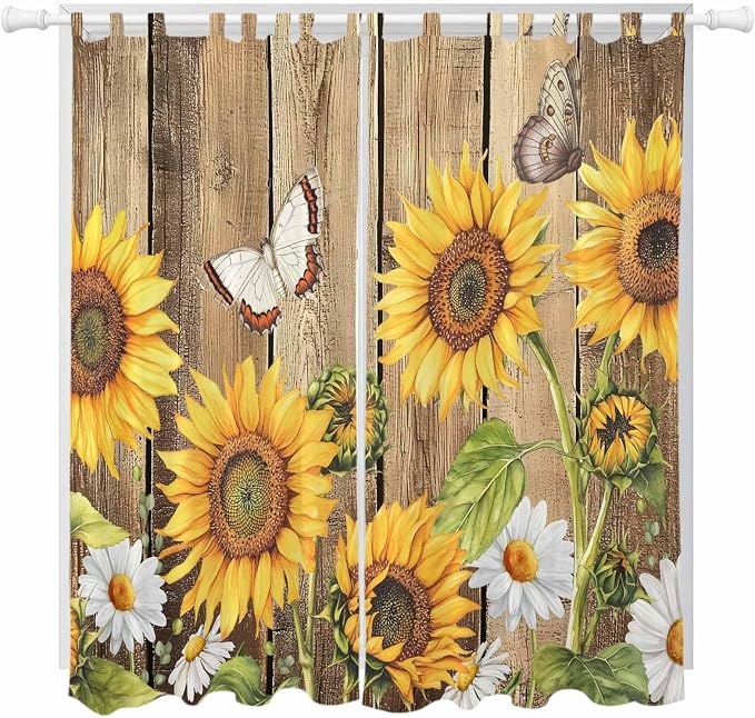 Farmhouse Sunflowers Living Room Curtains 96 Inch Length, Window Curtains Tab