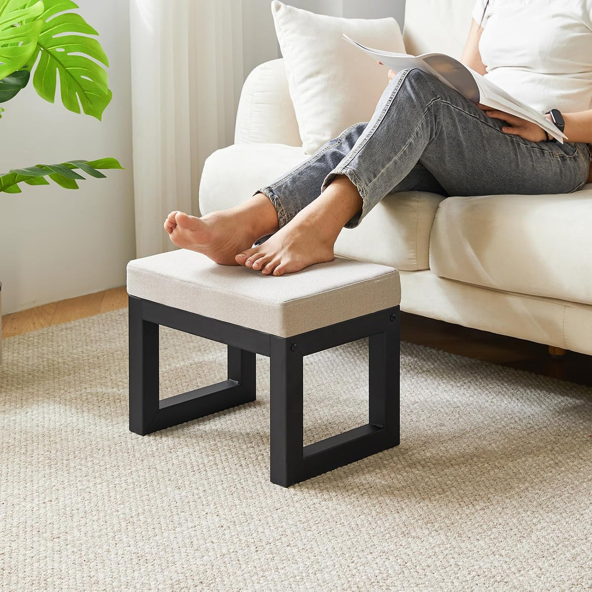 IBUYKE Small Footstool Ottoman, Linen Fabric Footrest, Grey WBD001G