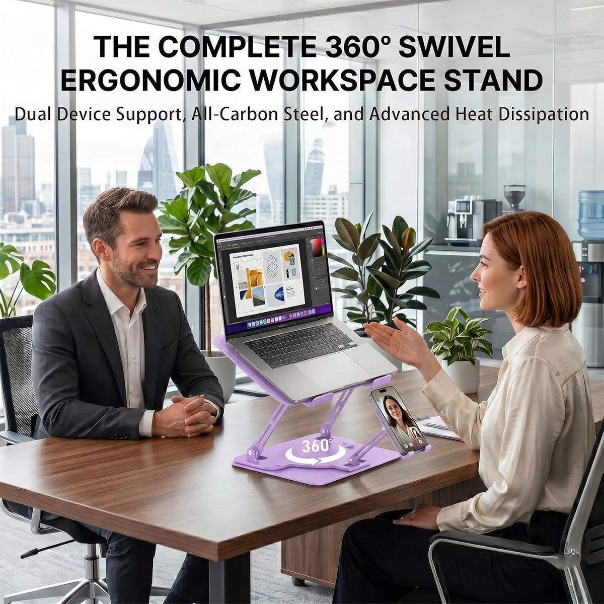 Adjustable 360°Rotating Laptop Stand, 2-in-1 Ergonomic Carbon Steel Laptop Riser with Detachable Phone Holder, Hollow Cooling Notebook Stand Fits 12.9-18 Inch Laptops (Purple)