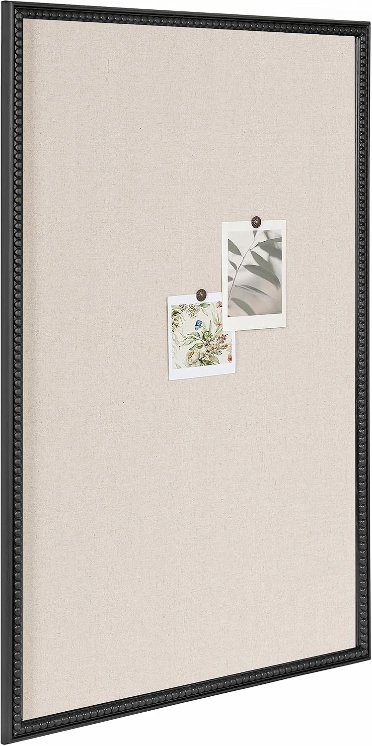 Kate and Laurel Makenna Framed Linen Fabric Pinboard, 24 x 36, Black, Traditional Beaded Bulletin Board for Vintage Home Wall Organization or Aspirational Vision Board