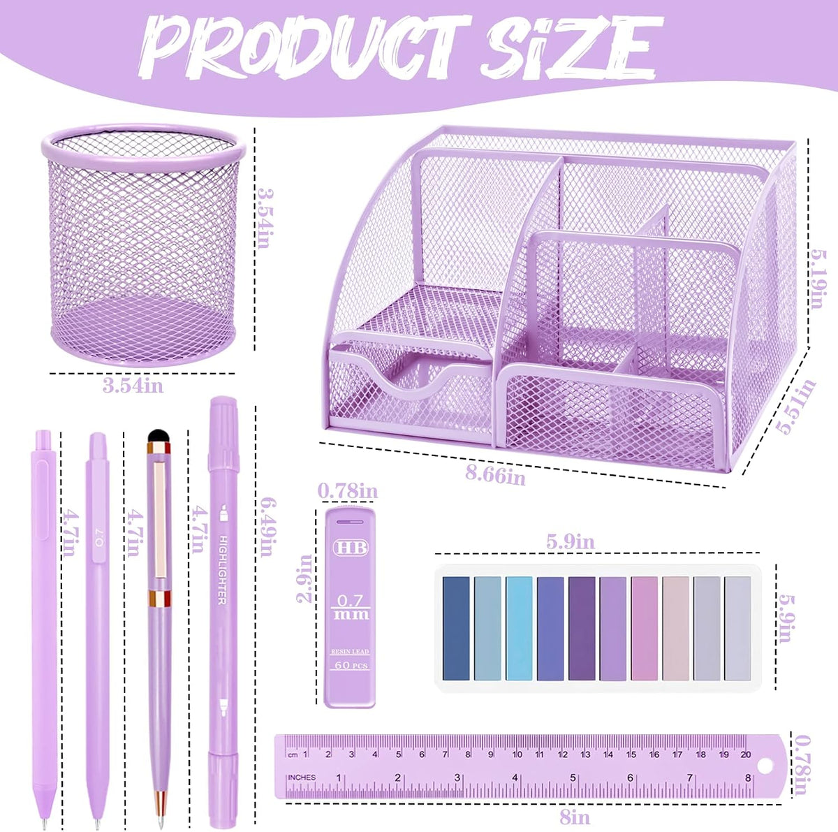 Purple Desk Accessories, 17Pcs Purple Office Supplies Set with Stapler, Mesh Desk Organizer, Tape Dispenser, Staple Remover, Pen Holder, Clips, Pens, Ruler, for Office Home School Women Students Gift