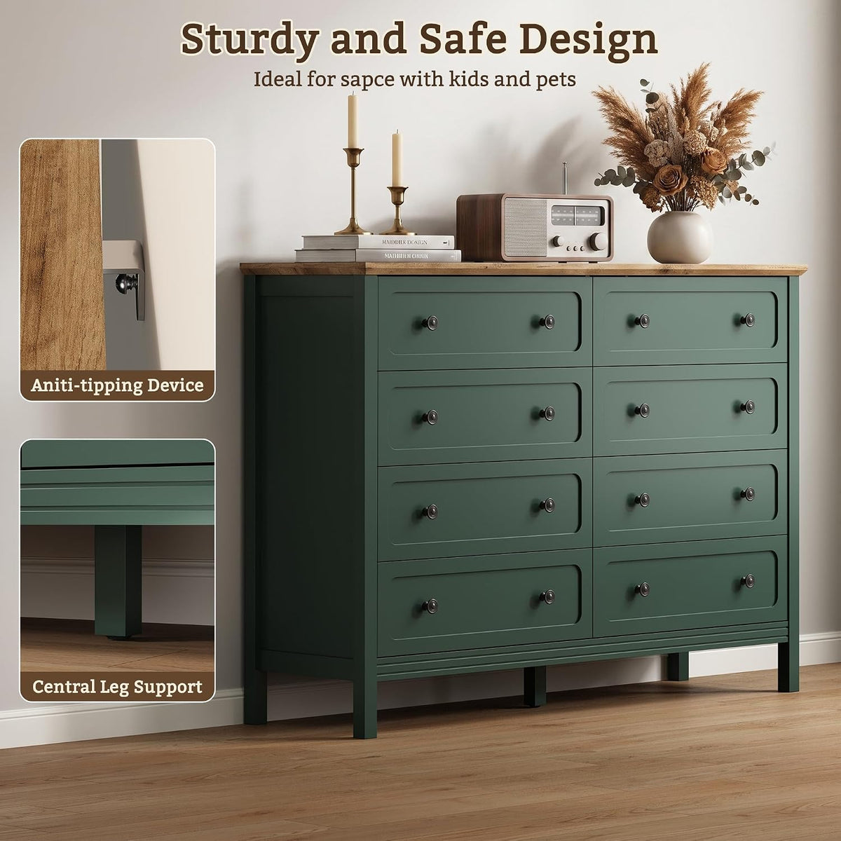 Tradare Green Dresser for Bedroom, 8 Drawer Dresser with Metal Handles, 55" Wide Modern Dressers & Chest of Drawers for Living Room, Hallway, Entryway