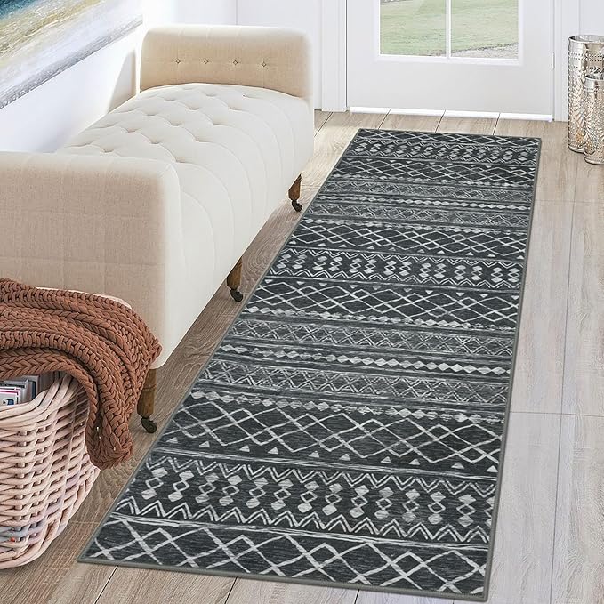 KUTA 2x6 Washable Runner Rug Non-Slip, Dark Grey Beige Moroccan Boho Rug Runner