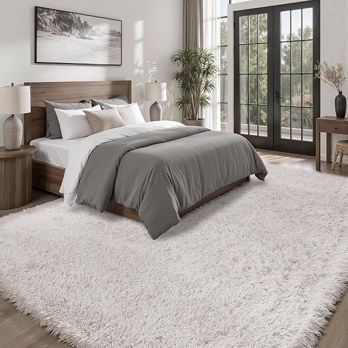 8x10 Area Rugs for Living Room Bedroom: White Soft Fluffy Shag Upgrade Non-Slip