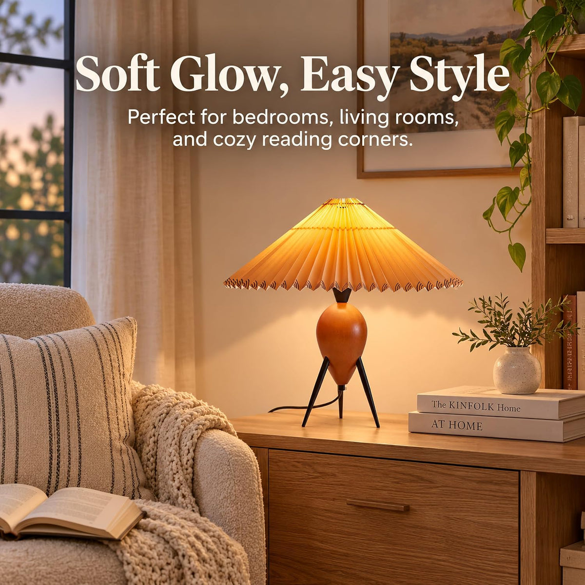 Japandi Zen Table Lamp, Red Solid Wood Tripod Base, Pleated Umbrella Shade