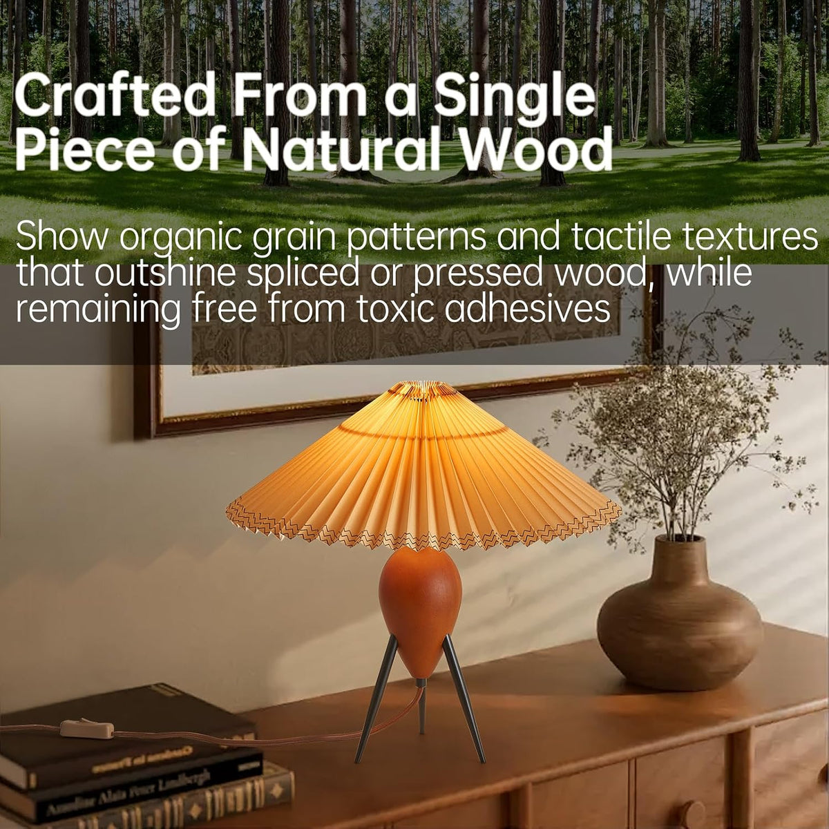 Japandi Zen Table Lamp, Red Solid Wood Tripod Base, Pleated Umbrella Shade