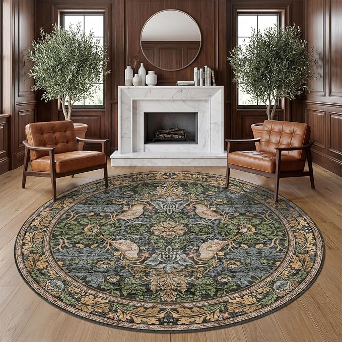 Washable Round Area Rugs 6ft for Living Room, Vintage Large Boho Floral Bird
