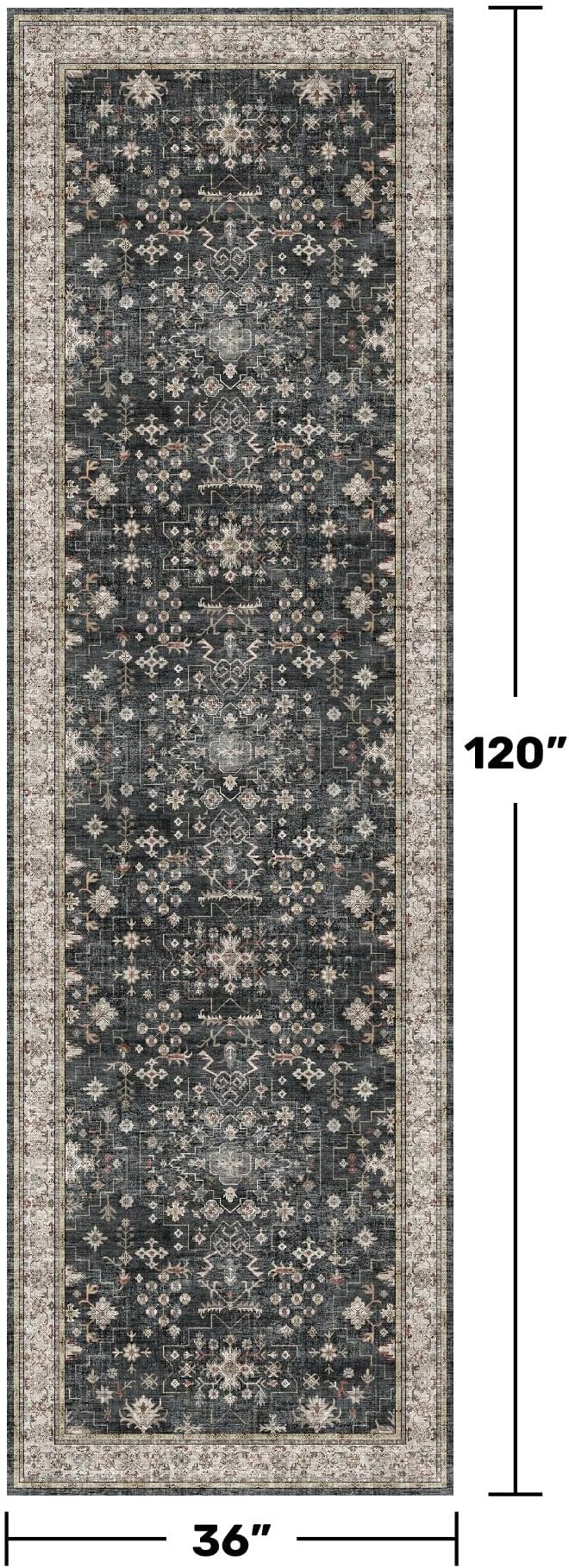 Hazo Haus Black Boho Washable 3x10 Extra Long Hallway Runner Rug, Waterproof