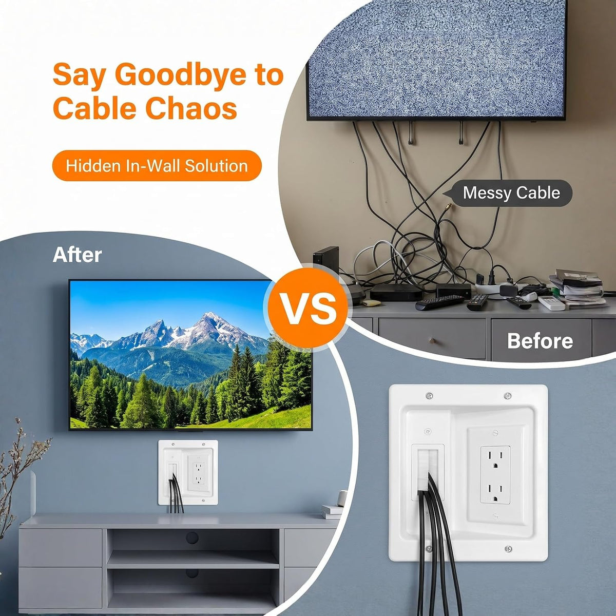 Wall Cable Management Kit, with 9ft Power Cord, Brush Wall Plate & Bracket