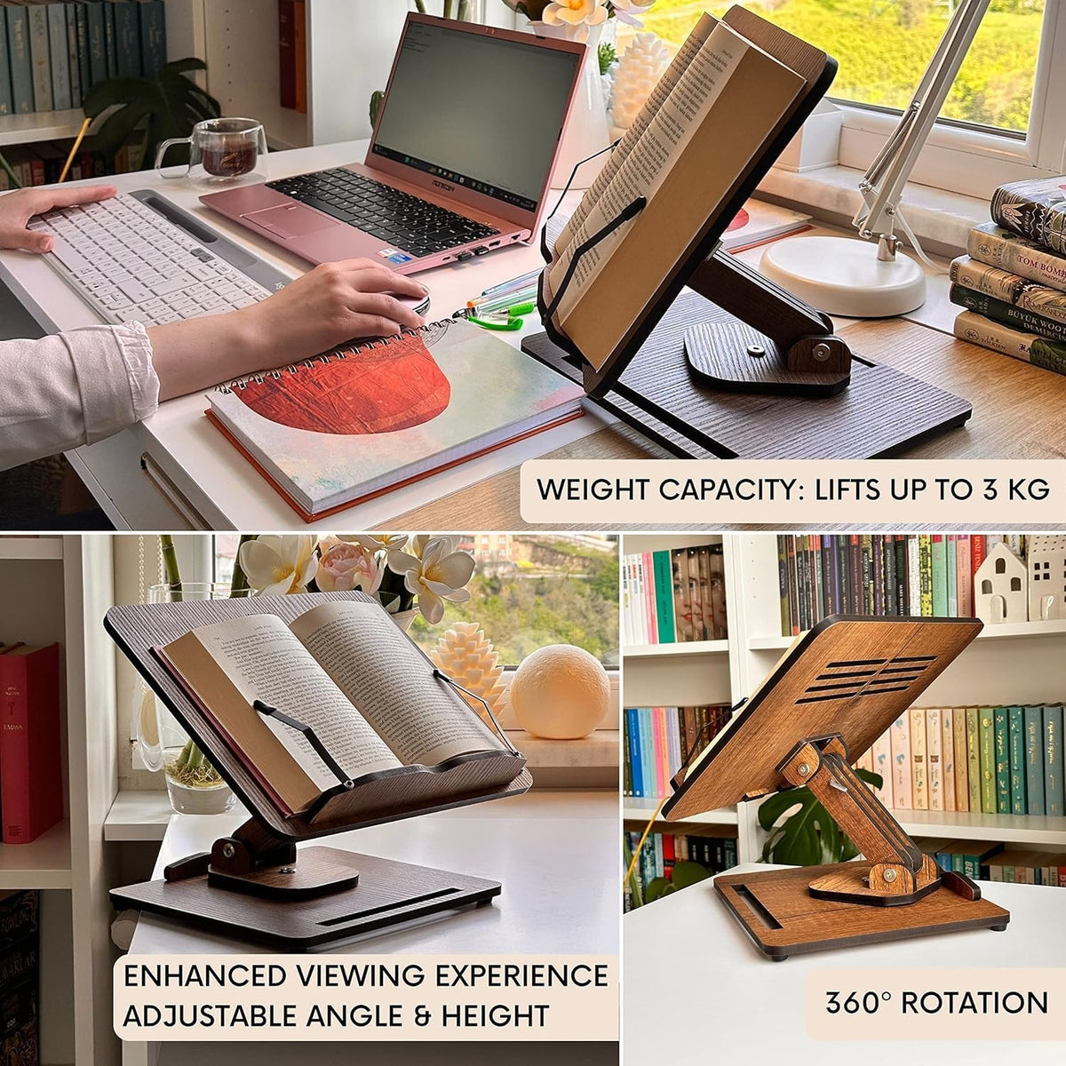 Vigo Wood 360° Rotating Book Stand, Tilt and Height Adjustable Laptop and Cookbook Holder, Foldable Reading Desk (Walnut)
