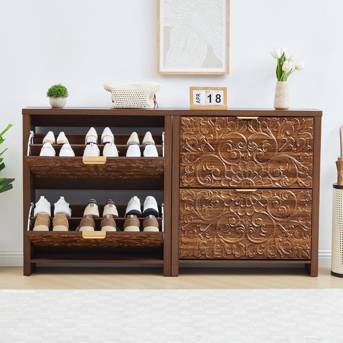 Shoe Cabinet with Flip Drawers, Narrow Shoe Storage Cabinet, 2-Tier Hidden Shoe Organizer with Floral Embossed for Entryway, Mid-Century Modern Slim Shoes Storage for Hallway Foyer (1, Walnut)