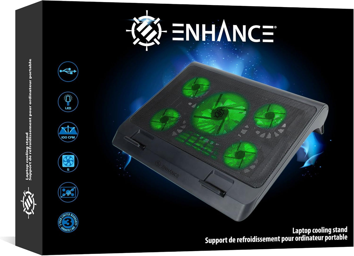 Enhance Gaming Laptop Cooling Pad Stand with LED Cooler Fans, Adjustable Height, & Dual USB Port for 17 inch Laptops - 5 Ultra Quiet High Performance Fans 2630 RPM & Built-in Bumpers - Green