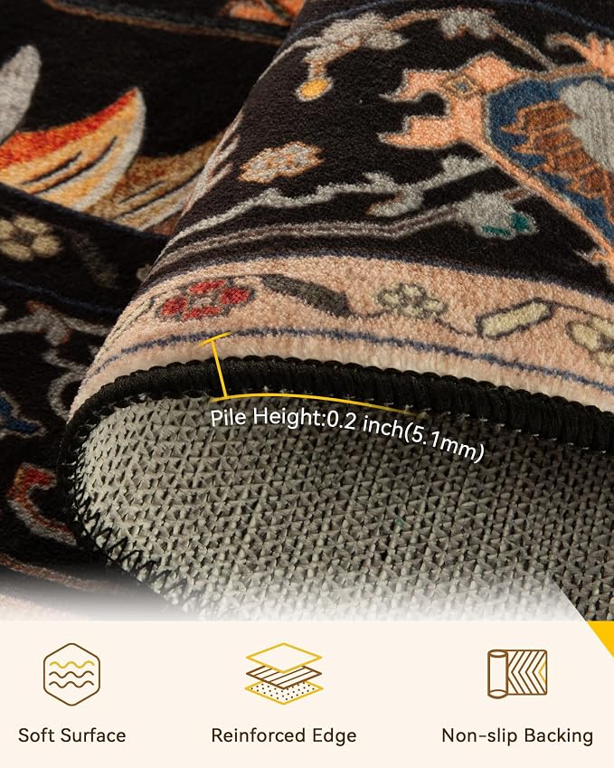 RELEANY Area Rugs Round 4ft Washable Non-Slip, Floral Vintage Distress