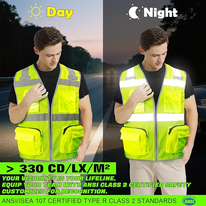 BeautyWill Custom Logo Safety Vest Mesh High Visibility Reflective Vest Customized Logo Utility Zipped Pockets Construction Workwear （Yellow,S）