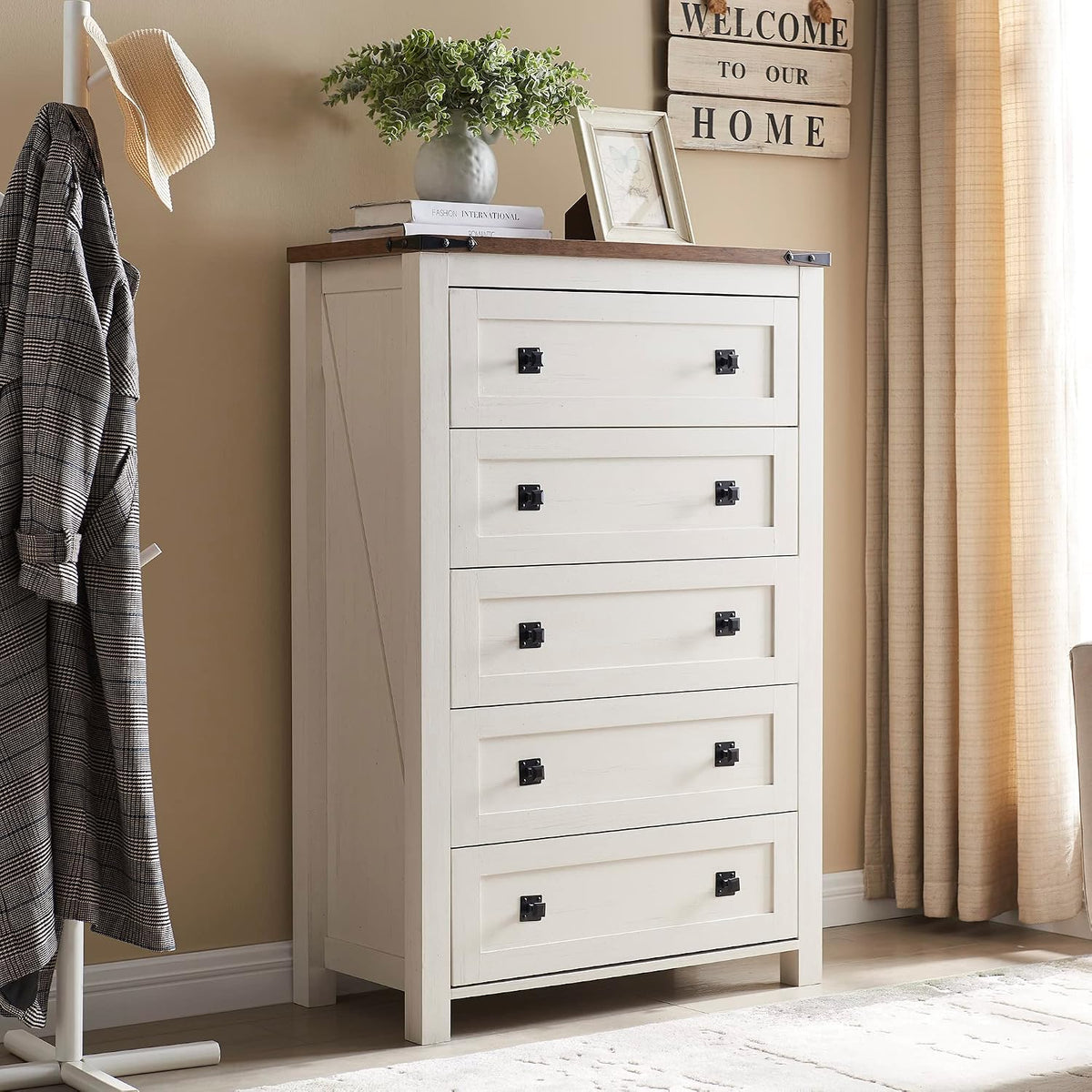 T4TREAM 48" Tall Farmhouse 5-Drawer Dresser for Bedroom, Antique White