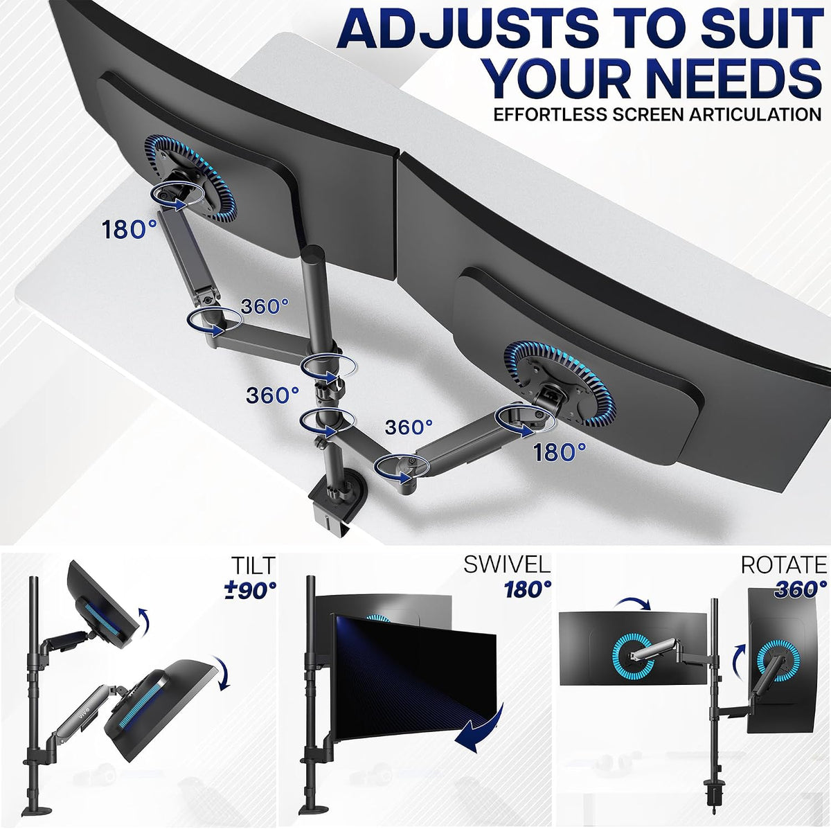 VIVO Dual Monitor Arm Extra Tall Mount for Screens up to 32 inches, Mechanical Height Adjustment, Full Articulating Heavy Duty VESA Stand with Desk C-clamp and Grommet, STAND-V012K
