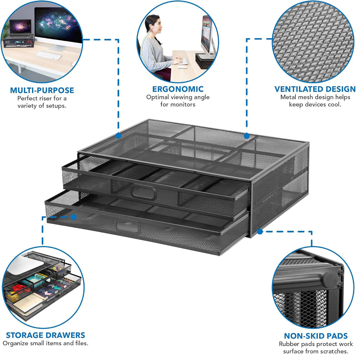 MOUNT-IT! Computer Monitor Stand With Drawers, Metal Mesh Riser and Organizer for Laptops and Computer Screens, Laptop, and Printer Accessories and Office Supplies (Black)
