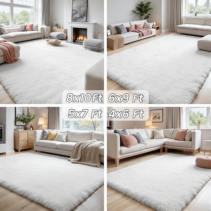 6x9 Area Rugs for Living Room Rug: Soft Fluffy Shag White Rugs for Bedroom