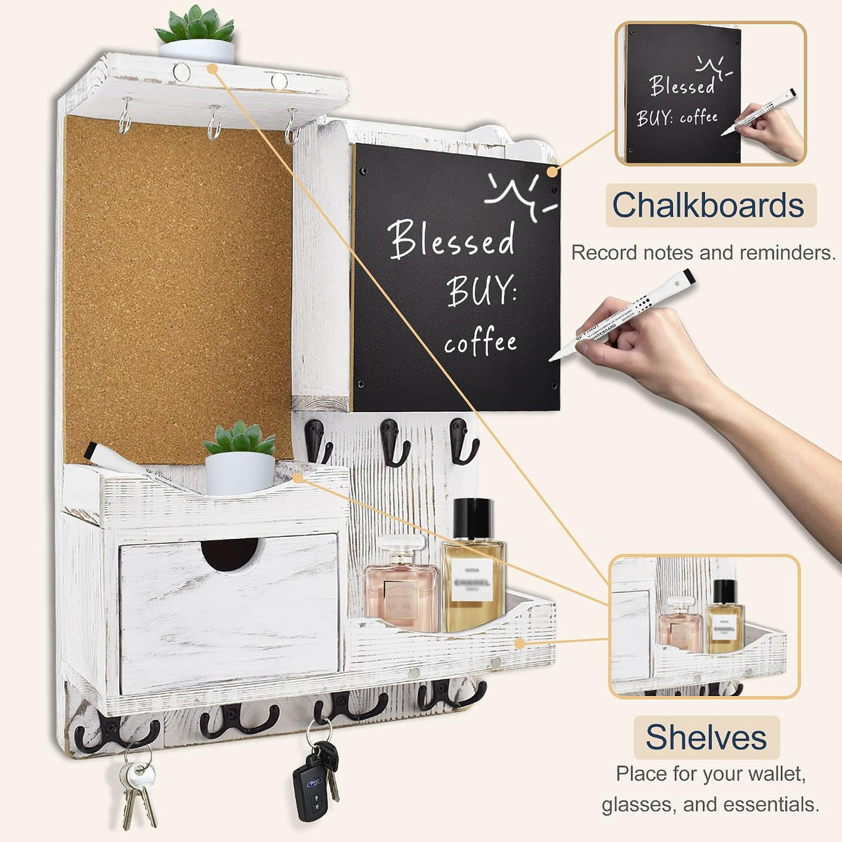 Key Holder Wall Mount with Drawer and Mail Organizer, Whitewashed