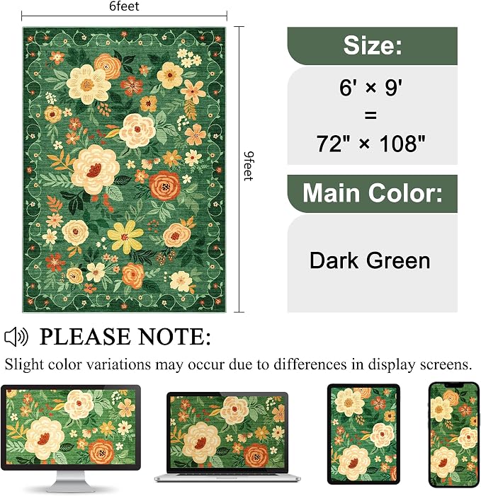 DUKINO 6x9 Area Rug, Floral Rugs
