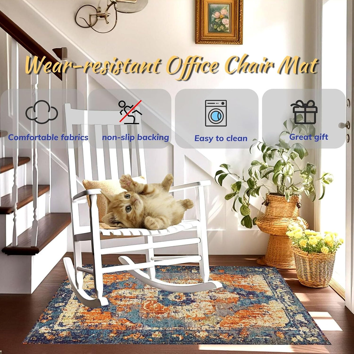 Office Chair Mat for Hardwood Floor, 48"x60" Desk Chair Mats for Rolling Chair Easy to Clean, Anti-Slip Floor Protector Rug Easy Glide Desk Computer Chair Mat for Hard Floor Home Office(Blue Orange)