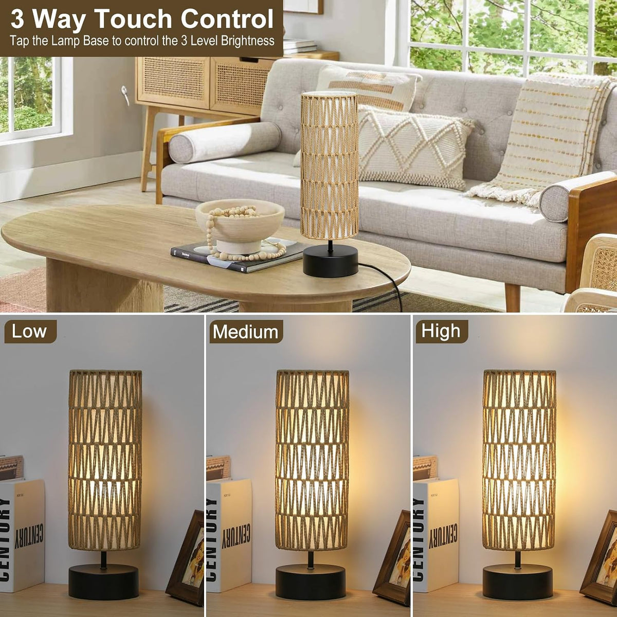 Rattan Table Lamp, Touch Control Bedside Table Lamp with Black Base, 3 Way Dimmable Nightstand Lamp with Dual-layer Shade, Boho Night Light for Bedroom Living Room Home Office, 9W LED Bulb Included