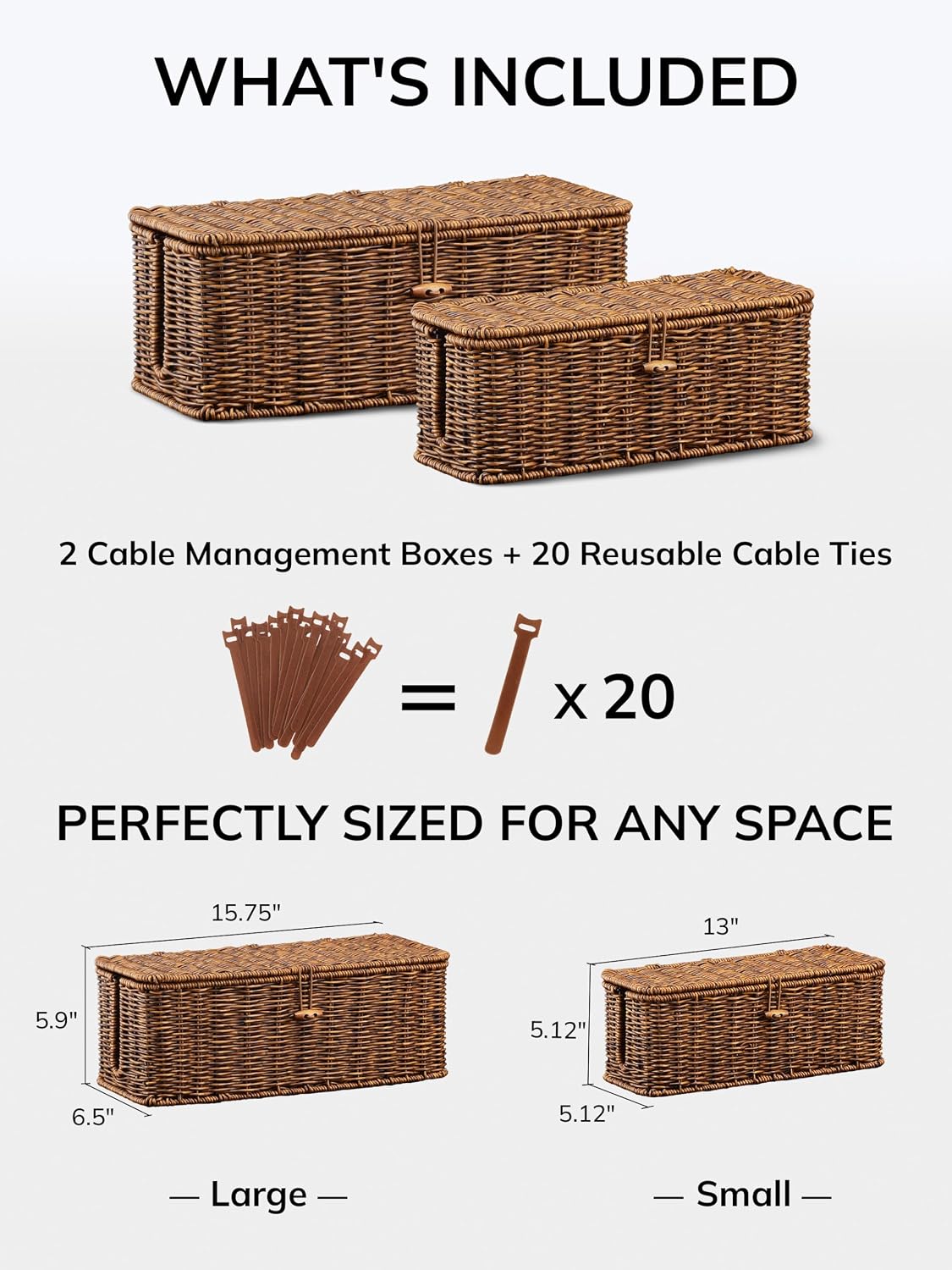 Cable Management Box, Cord Organizer with Lid & Cable Ties - Brown Set