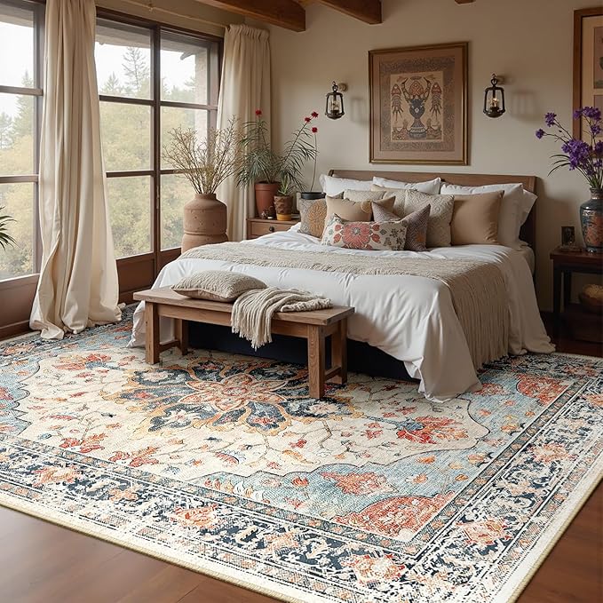 RELEANY Area Rugs Large 9'x12' Washable Non-Slip, Floral Vintage Distress