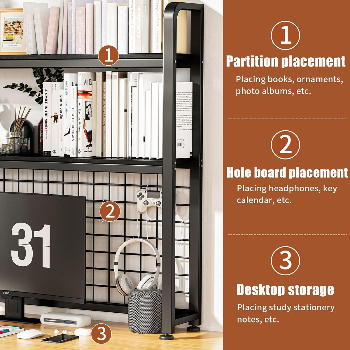 HUATOL Desktop Bookshelf for Computer Desk, 2-Tier Multipurpose Wood Countertop Bookshelf, Wooden Desktop Bookcase, Multipurpose Freestanding Storage Rack Display Shelf for Office, Home Decor, Black
