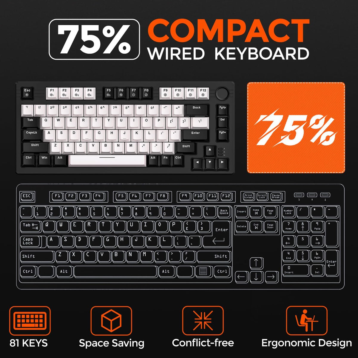 DAREU EK75 Wired Mechanical Keyboard,75% Keyboard with Volume Knob,Gasket Mount Mechanical Gaming Keyboards,81 Keys Rainbow Backlit,PBT Keycaps,Linear Dream Switch for PC Laptop Windows(Black-White)