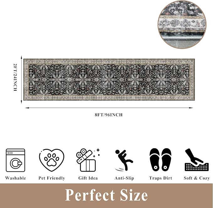 2x8ft Kitchen Rug Runners Washable Non Slip – Boho Floral Carpet Runner