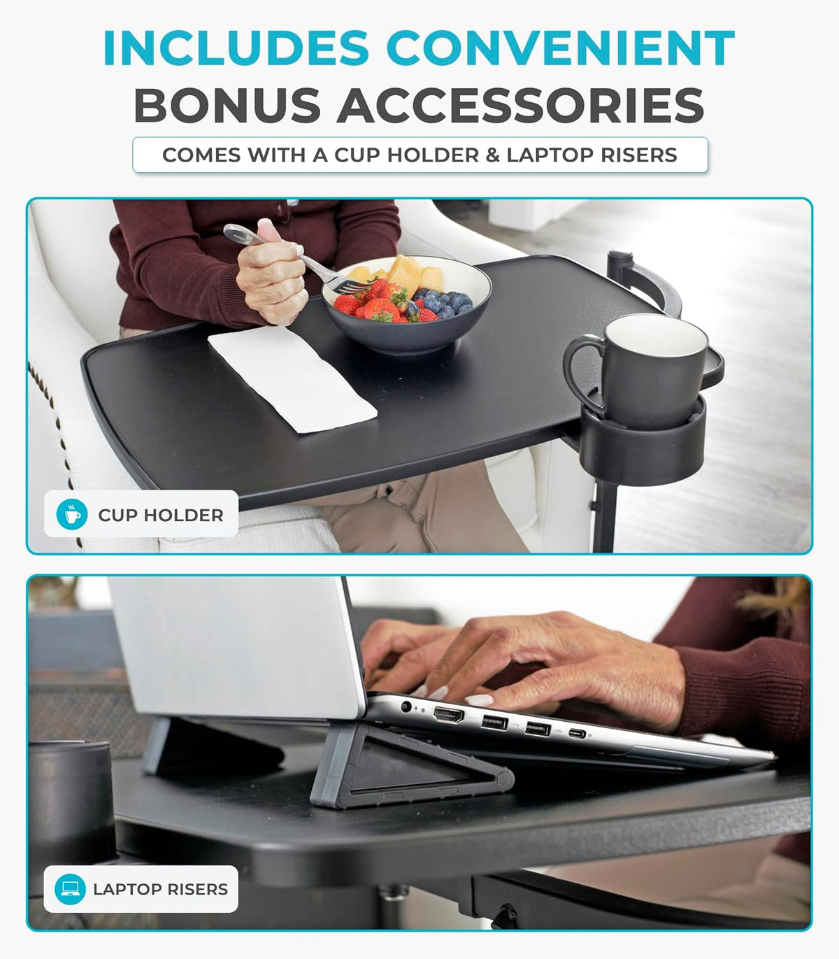 Stander Wonder Tray, Adjustable Swivel Table, Extra-Large Computer Stand, Couch Desk & Gaming Bench, TV-Trays for Eating on Couches, Chairs, Recliners with Laptop Wedges and Cup Holder, XL, Black
