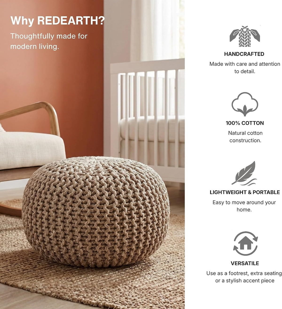 · REDEARTH · Round Pouf Ottoman - Hand Knitted Boho Poof - Beige Ivory