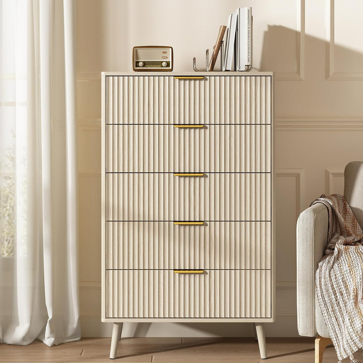 CARPETNAL Fluted 5 Drawers Dresser for Bedroom, 45" Tall Wooden Chest of Drawers with Rounded Corners, Gold Handles, Modern Storage Organizer for Bedroom, Hallway (Beige)