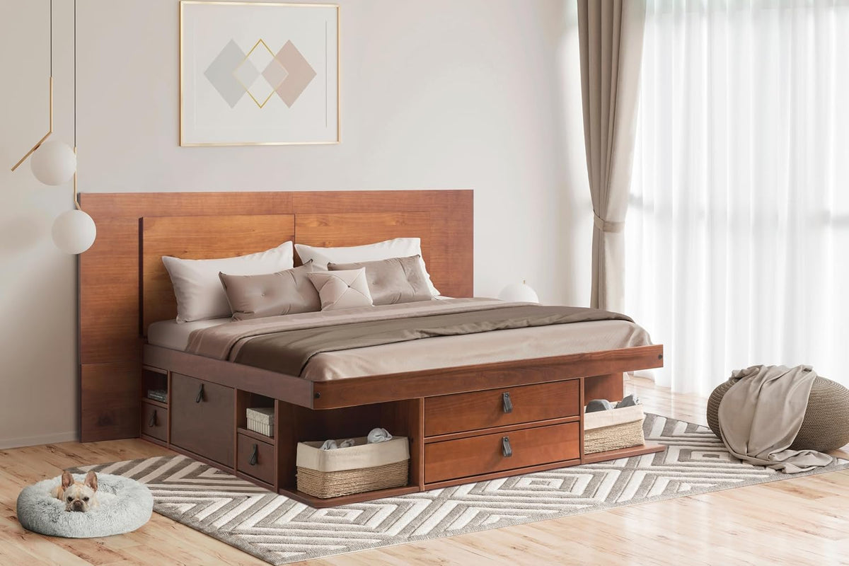 memomad Bali Full Size Slim Set: Storage Platform Bed with Drawers and Compartments + Wall Mounted Headboard, Solid Pine Wood Furniture with Underbed Storage, No Box Spring Needed, Caramel Brown