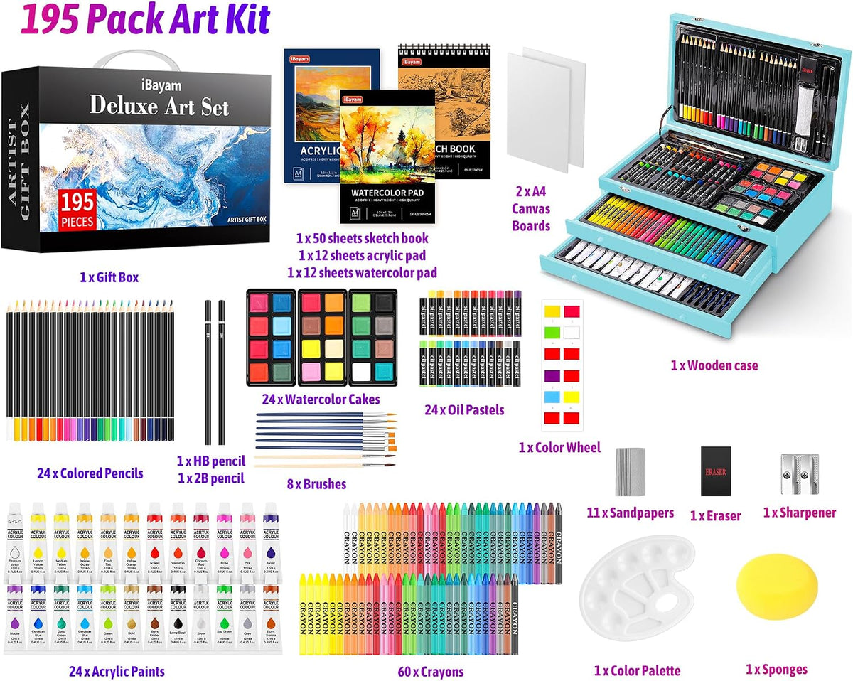 iBayam 195PCS Art Supplies Kit, Sketch Book, Acrylic Pad, Watercolor Pad